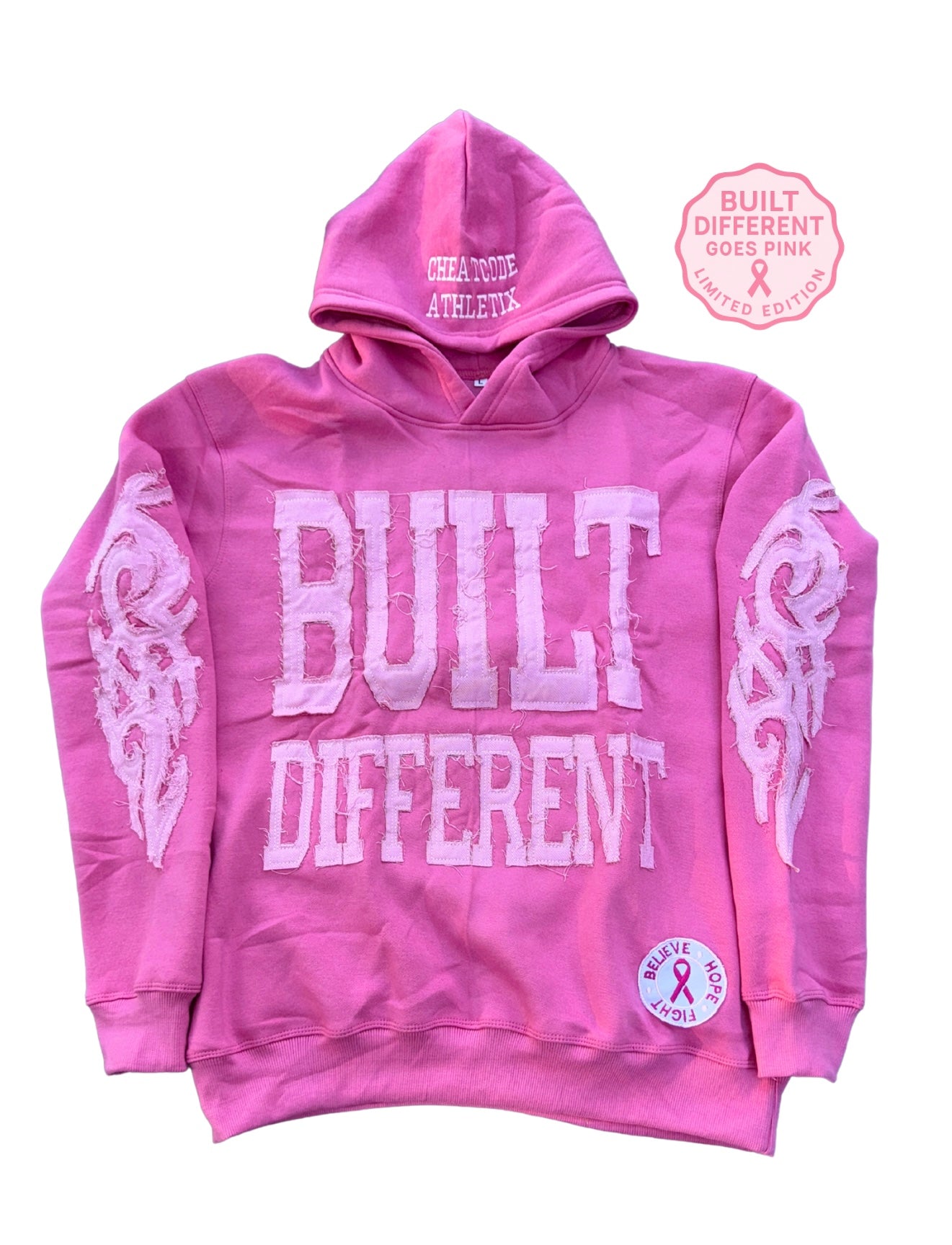 Built Different: Breast Cancer Awareness Edition Unisex Hoodie – 350 GSM Premium Cotton, Distressed Embroidery, “Believe • Hope • Fight” Patch (Portion of Proceeds Donated) *Preorder Ships Oct 8th*