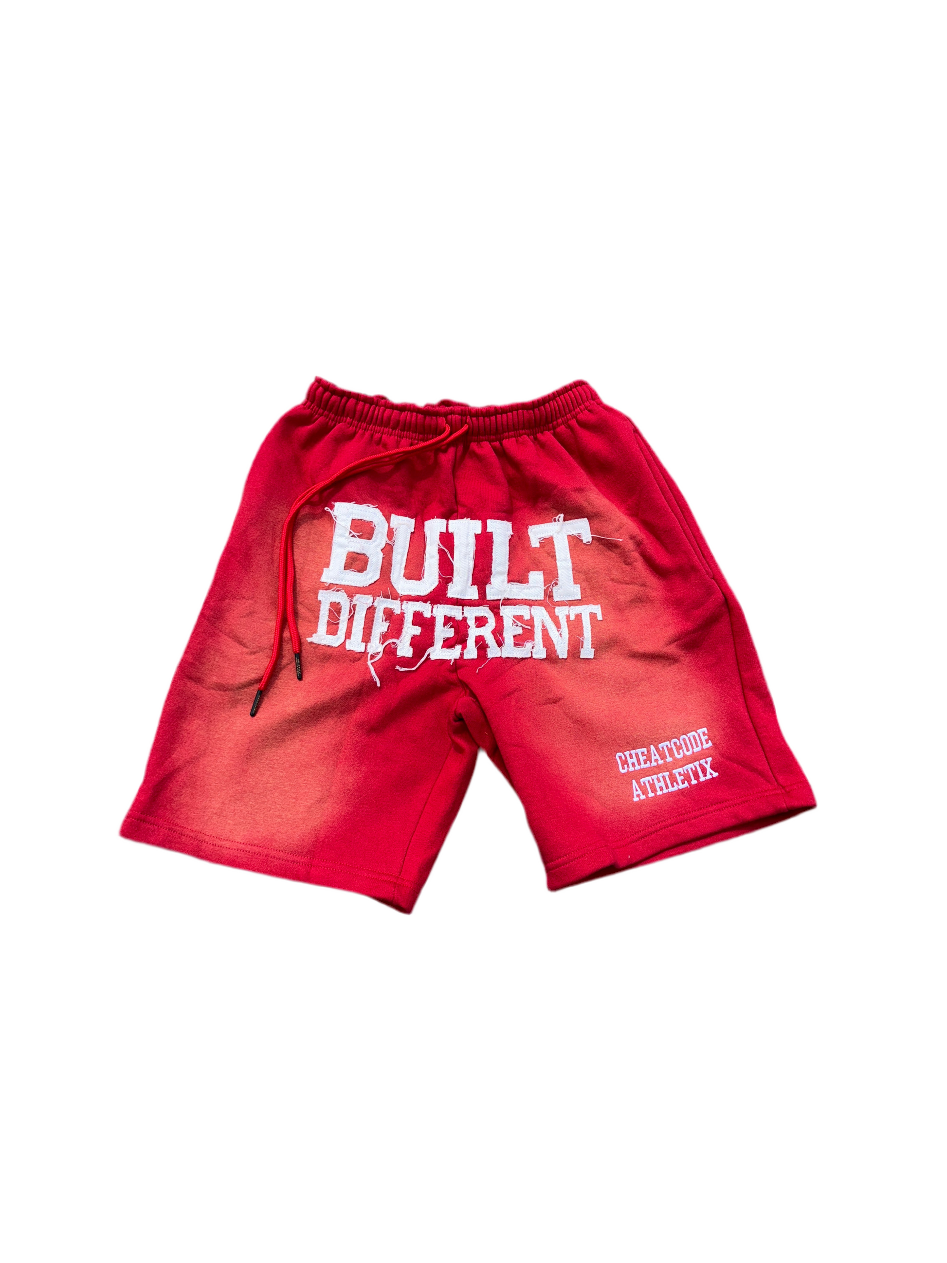 Inferno Red Acid Wash Shorts – Distressed Embroidered | Cheatcode Athletix