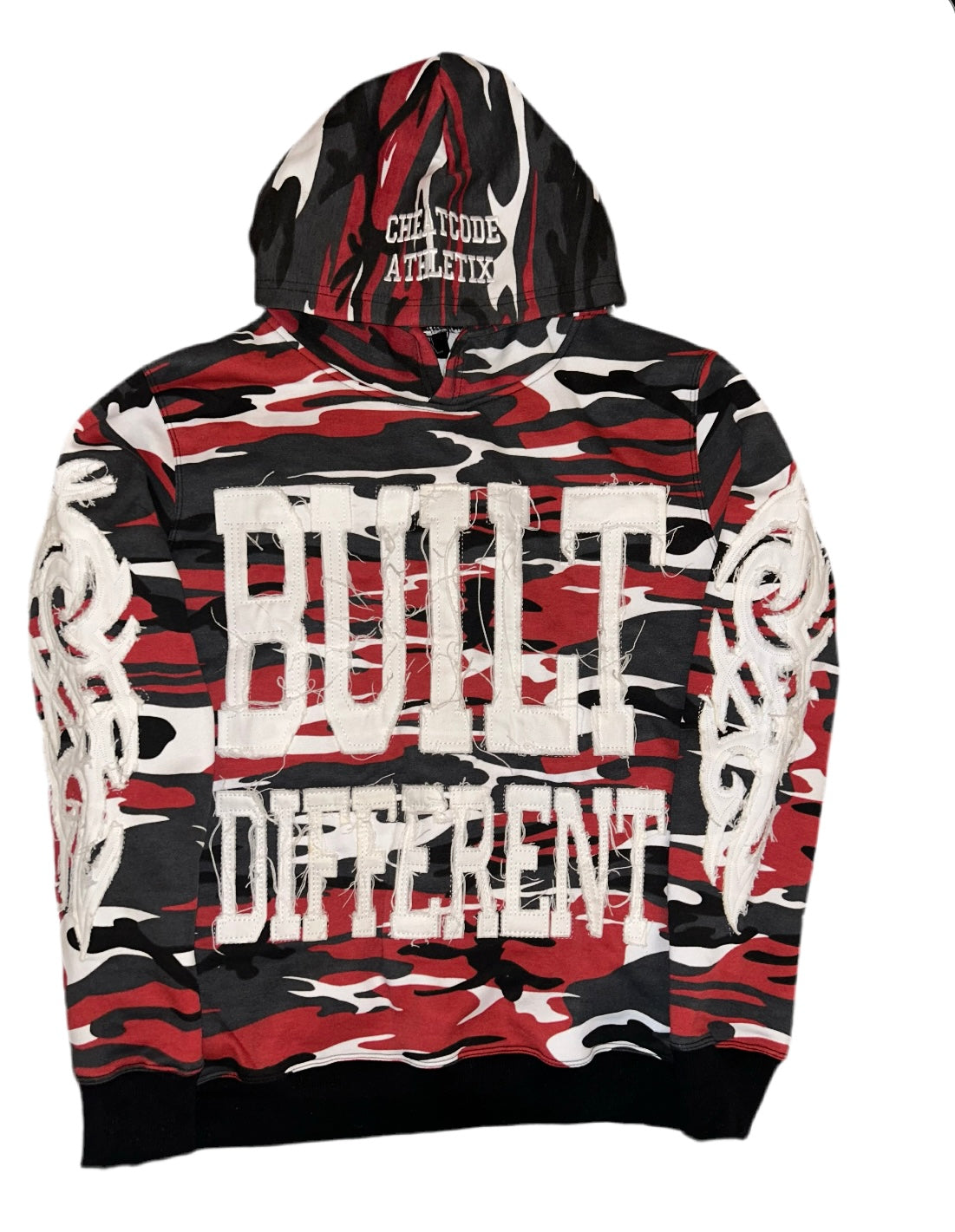 Red Camo Hoodie – Distressed Embroidery | Cheatcode Athletix