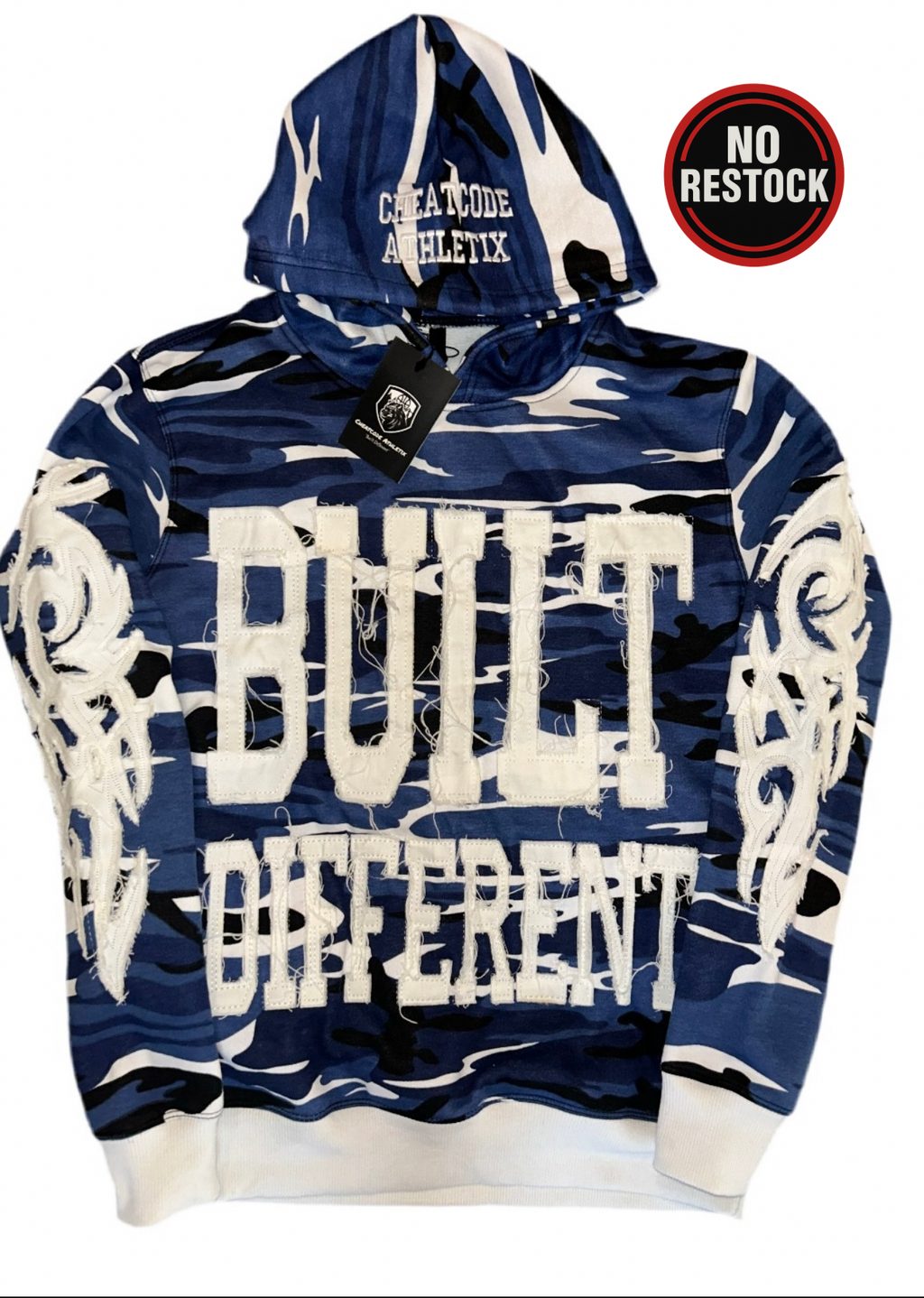 Built Different: Blue Camo Edition Unisex Hoodie – 350 GSM Premium Cotton, Distressed Embroidery, Standout Streetwear Style