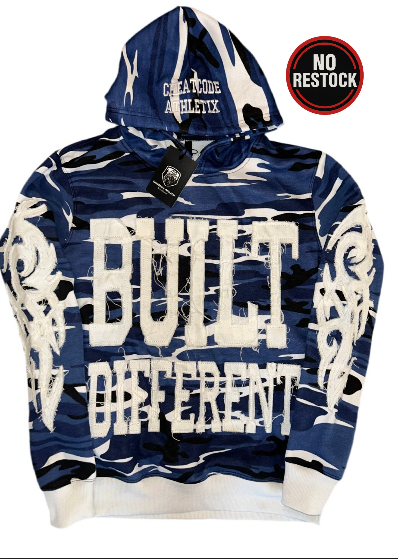 Built Different: Blue Camo Edition Unisex Hoodie – 350 GSM Premium Cotton, Distressed Embroidery, Standout Streetwear Style