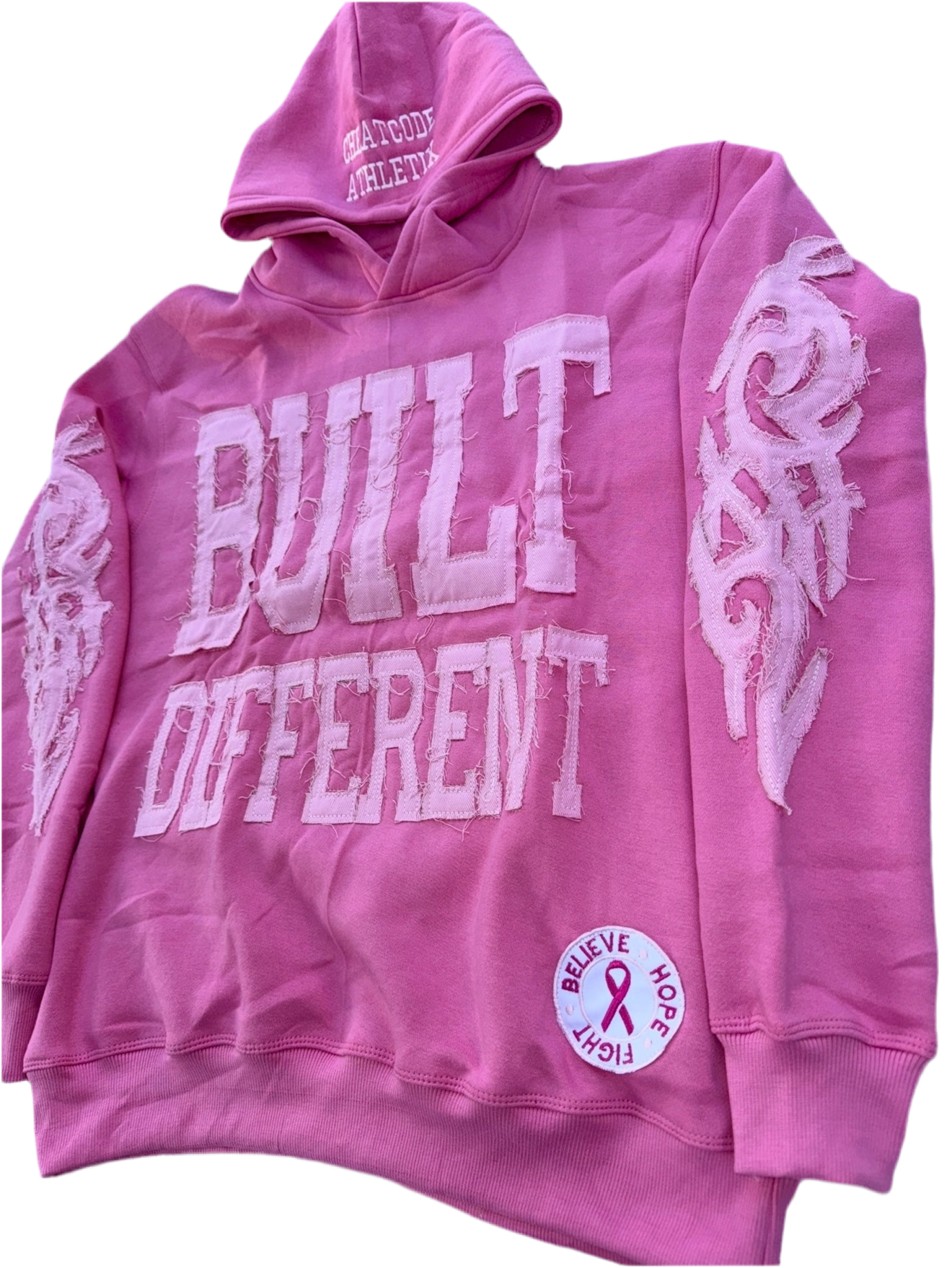 Built Different: Breast Cancer Awareness Edition Unisex Hoodie – 350 GSM Premium Cotton, Distressed Embroidery, “Believe • Hope • Fight” Patch (Portion of Proceeds Donated) *Preorder Ships Oct 8th*