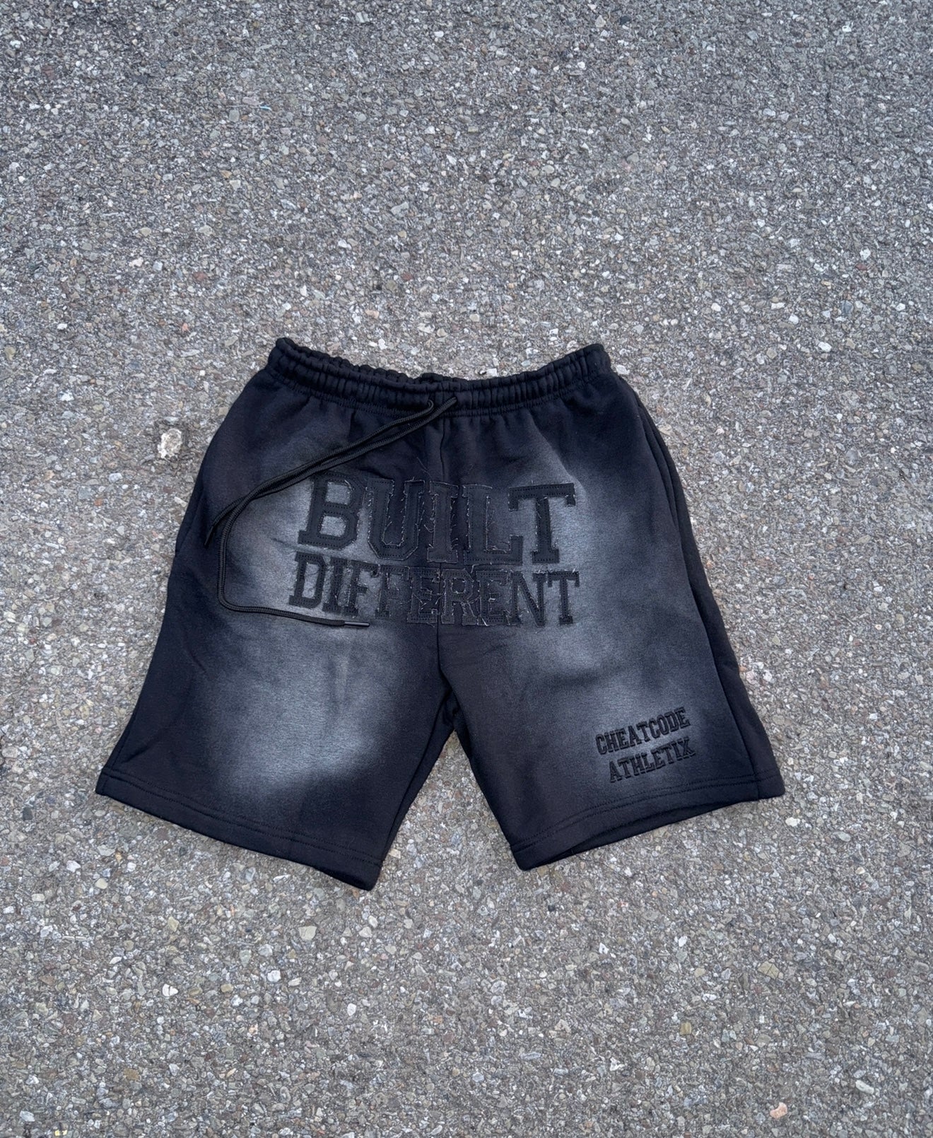 Midnight Black Acid Wash Shorts – Distressed Embroidered | Cheatcode Athletix