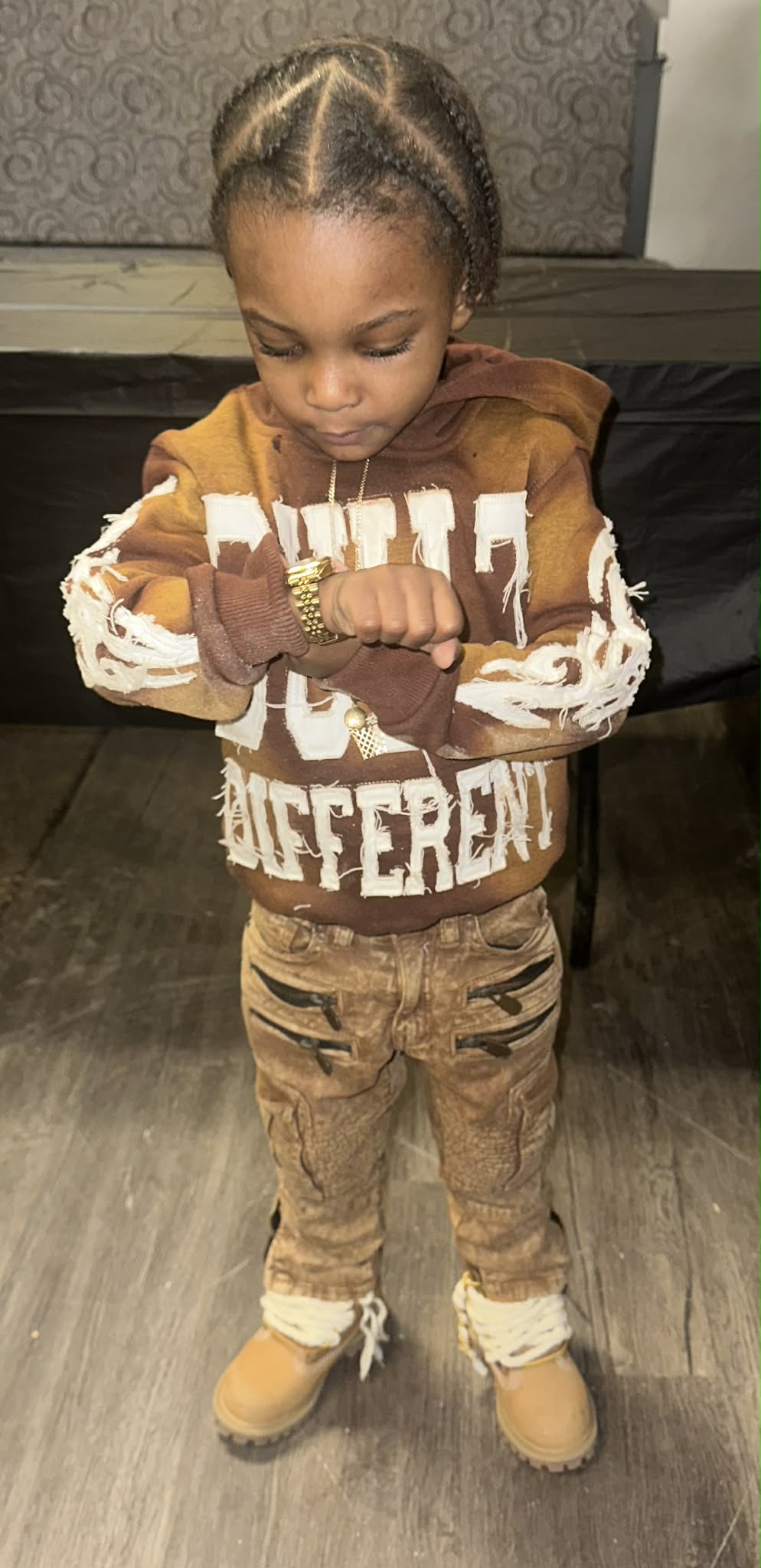 Kids Earthtone Hoodie – Distressed Embroidery | Cheatcode Athletix