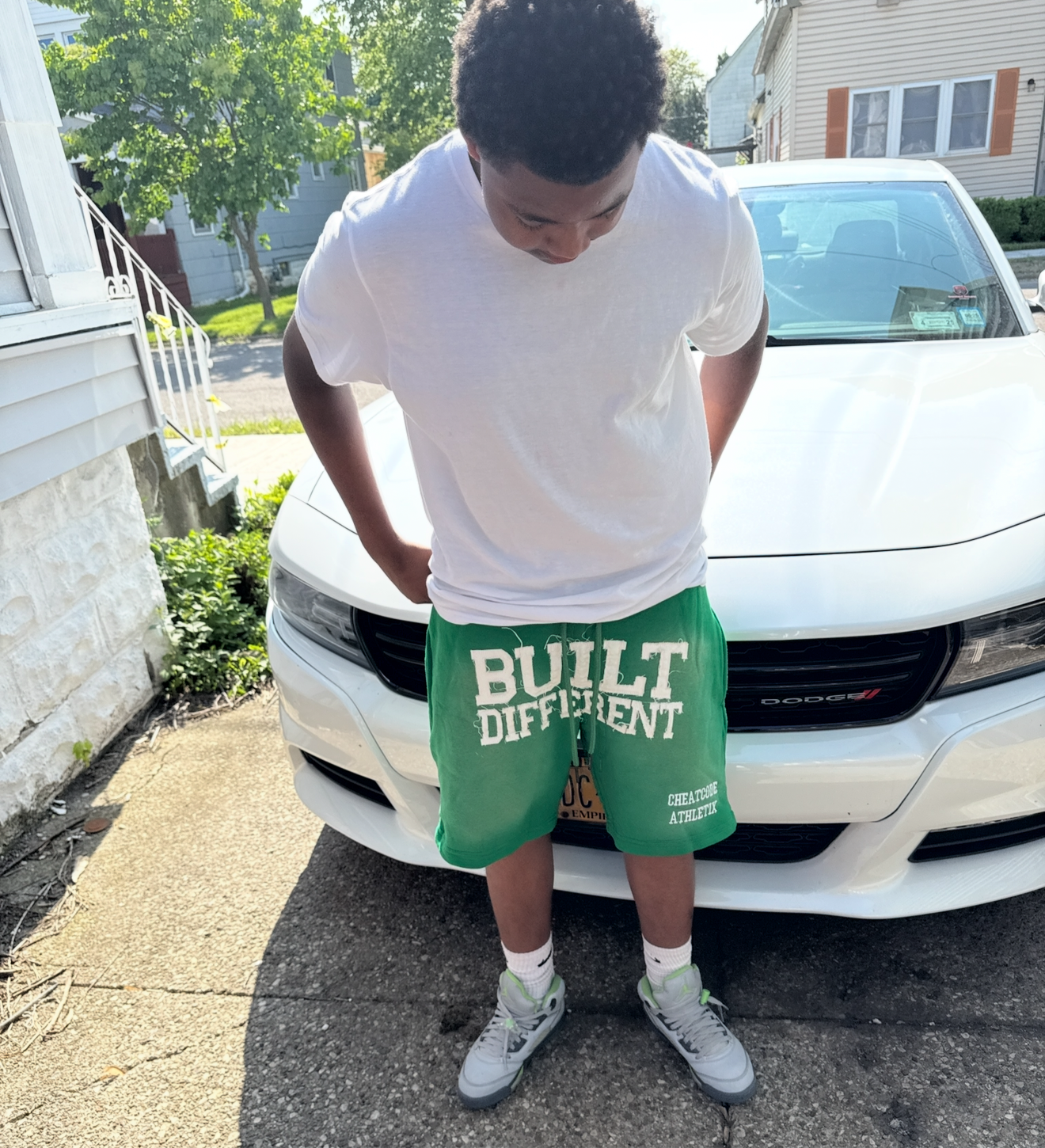 Green Acid Wash Shorts – Distressed Embroidered | Cheatcode Athletix
