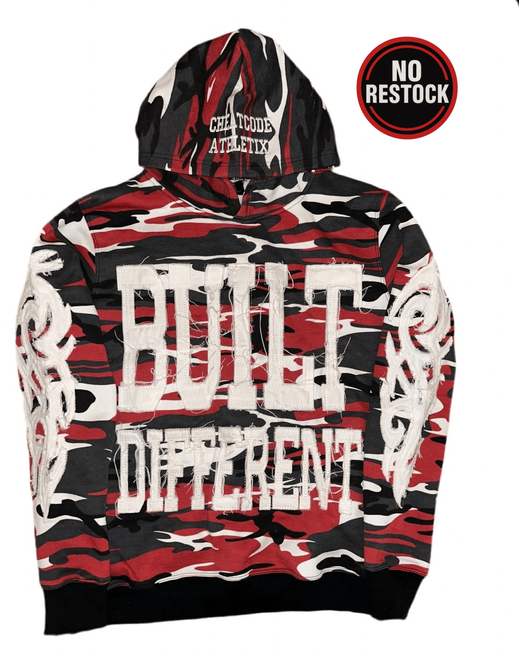 Built Different: Red & Black Camo Edition Unisex Hoodie – 350 GSM Premium Cotton, Distressed Embroidery, Bold Streetwear Statement