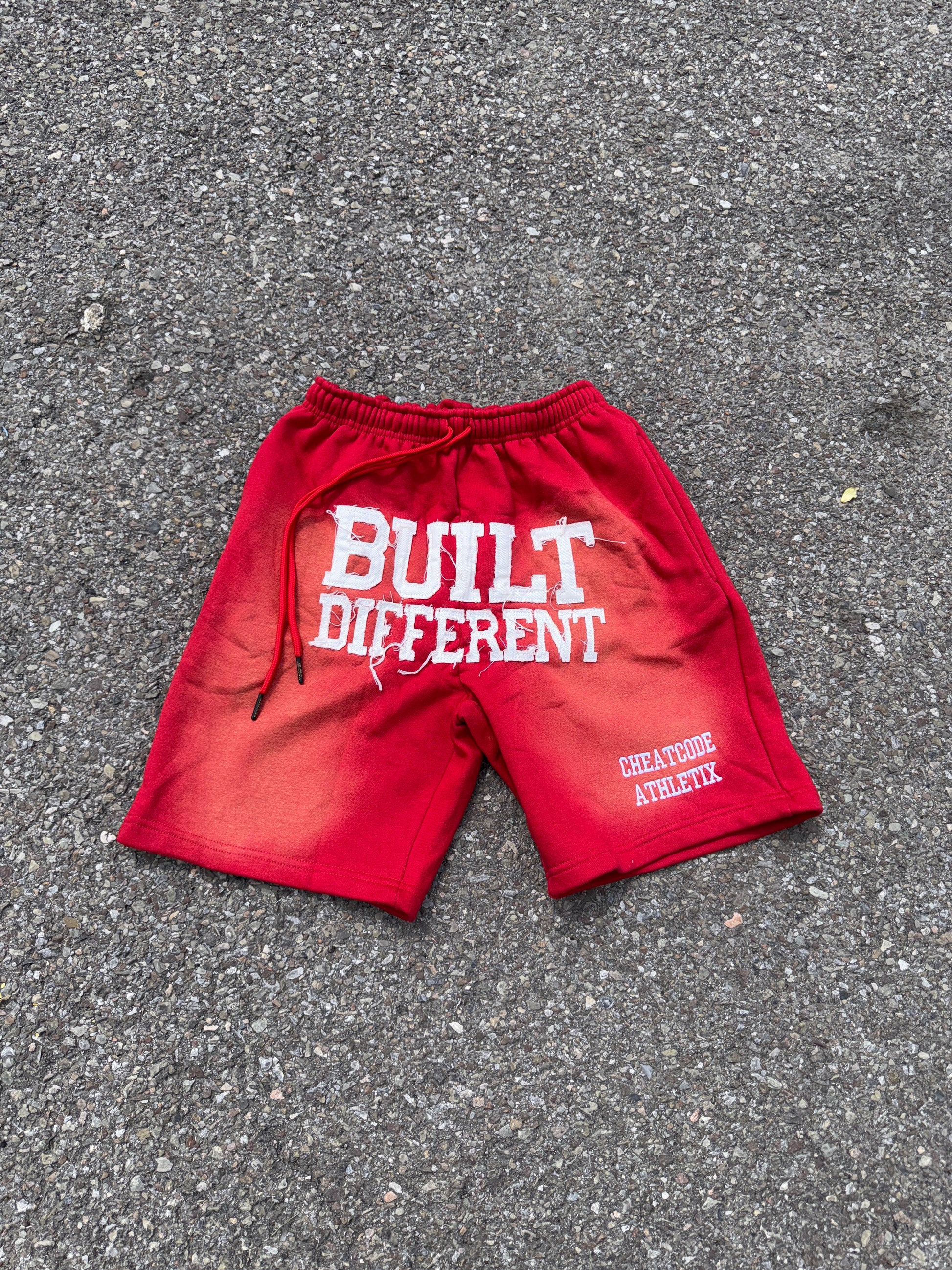 Inferno Red Acid Wash Shorts – Distressed Embroidered | Cheatcode Athletix