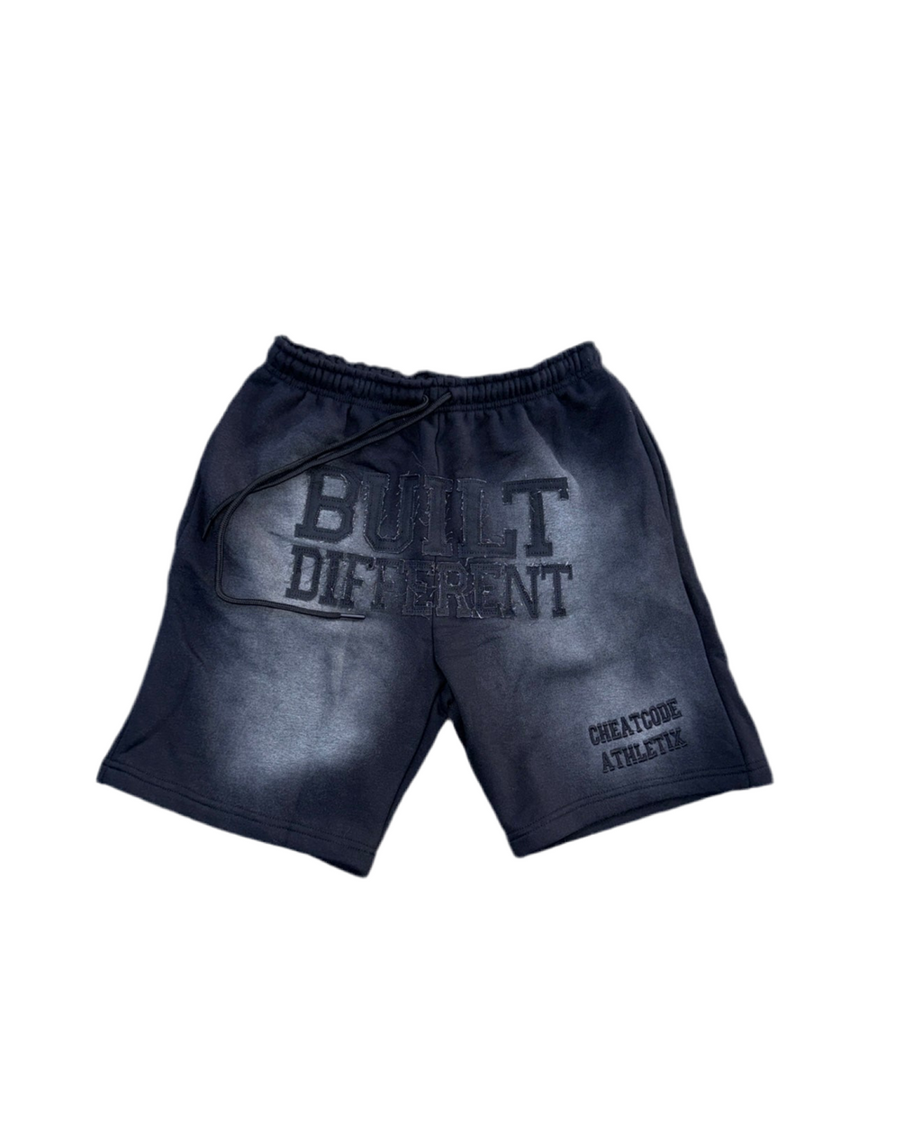 Midnight Black Acid Wash Shorts – Distressed Embroidered | Cheatcode Athletix