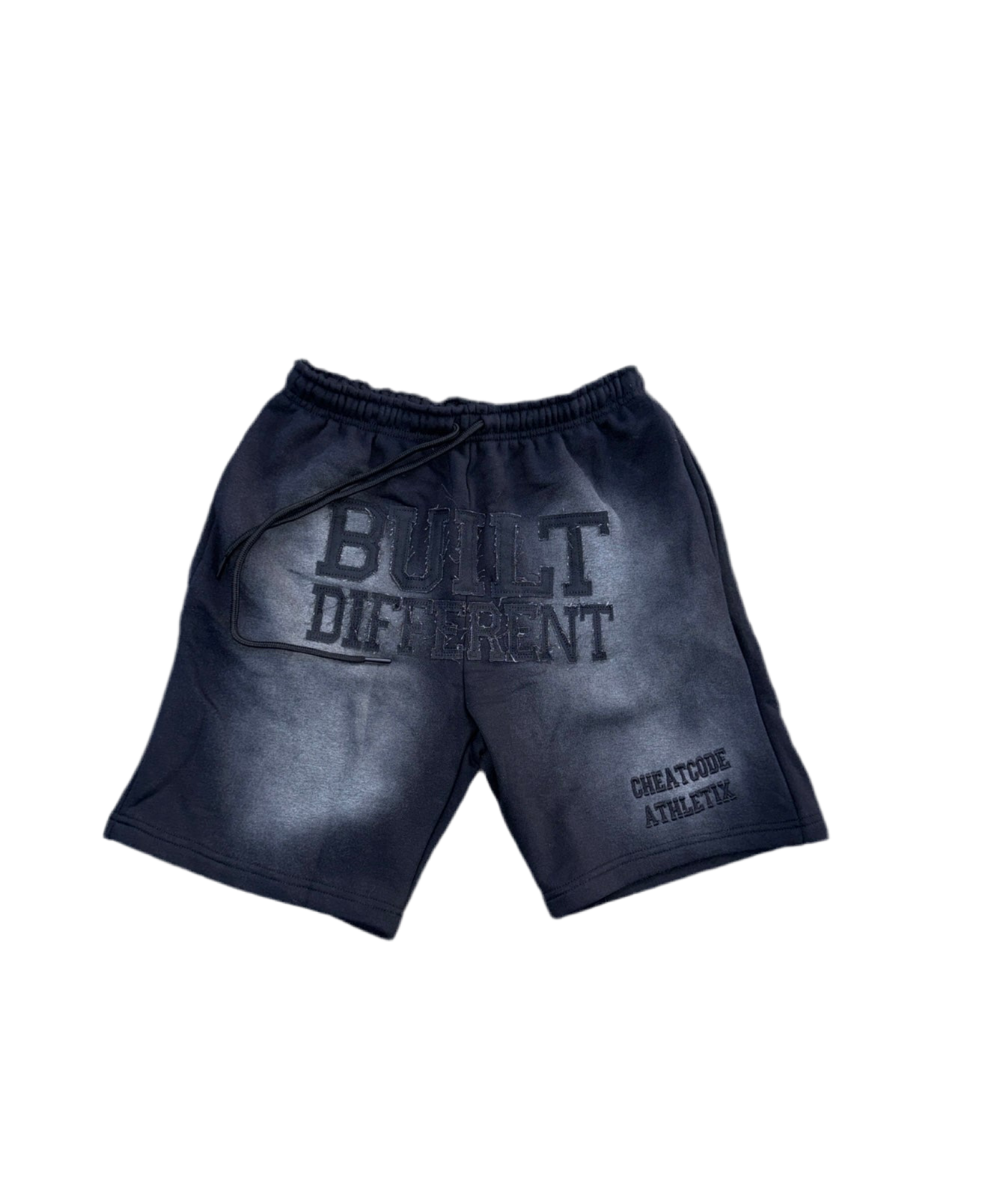 Midnight Black Acid Wash Shorts – Distressed Embroidered | Cheatcode Athletix