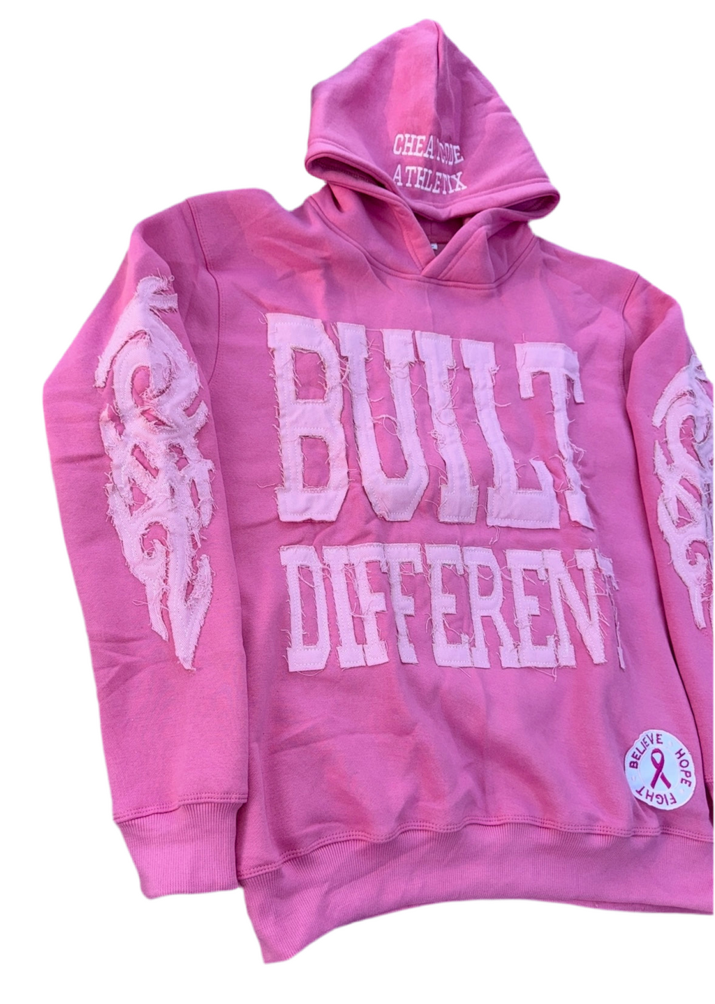 Built Different: Breast Cancer Awareness Edition Unisex Hoodie – 350 GSM Premium Cotton, Distressed Embroidery, “Believe • Hope • Fight” Patch (Portion of Proceeds Donated) *Preorder Ships Oct 8th*