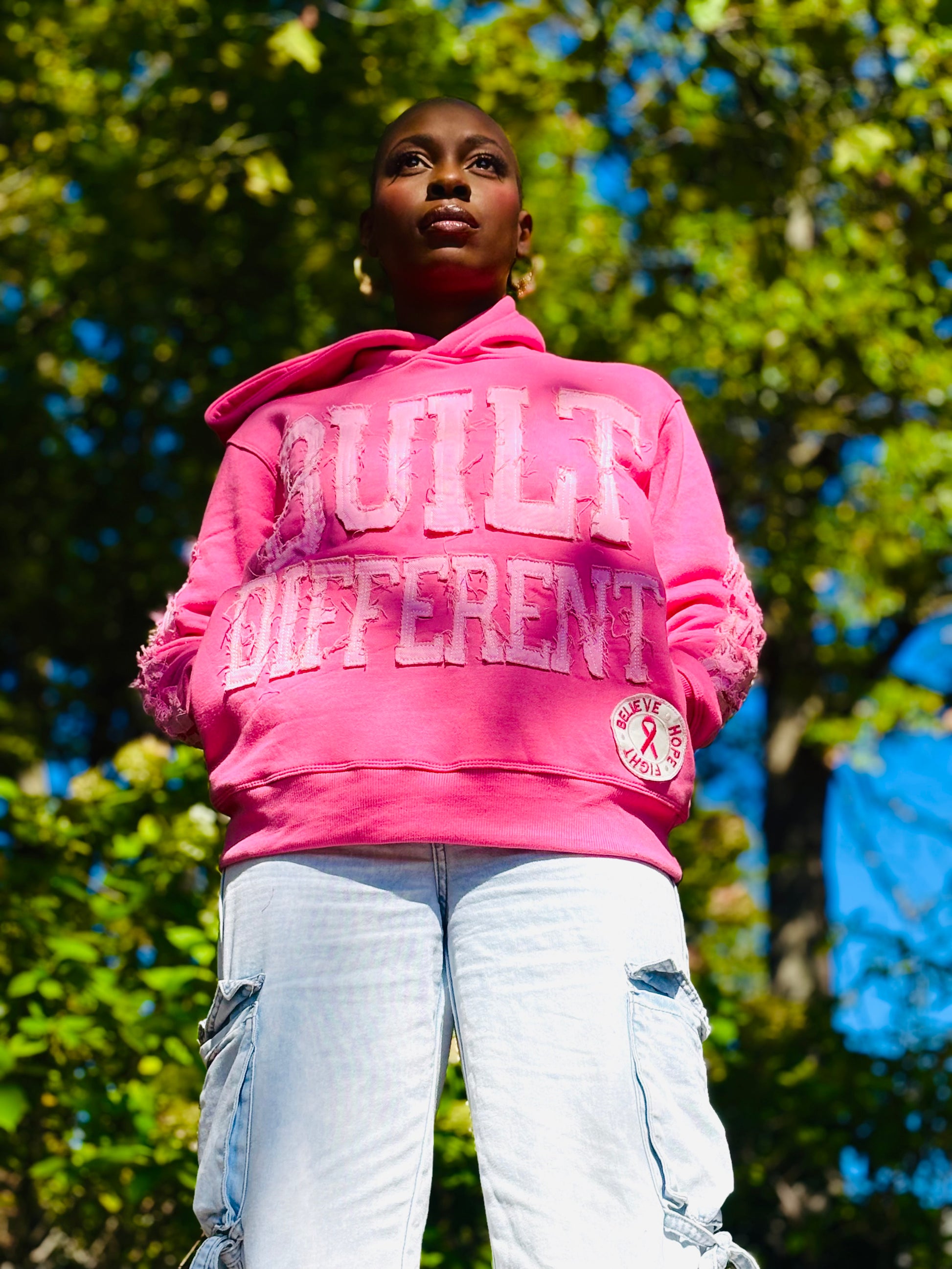Built Different: Breast Cancer Awareness Edition Unisex Hoodie – 350 GSM Premium Cotton, Distressed Embroidery, “Believe • Hope • Fight” Patch (Portion of Proceeds Donated) *Preorder Ships Oct 8th*