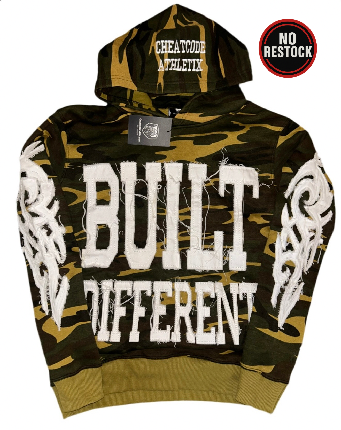 Built Different: Army Camo Edition Unisex Hoodie – 350 GSM Premium Cotton, Distressed Embroidery, Bold Military-Inspired Style