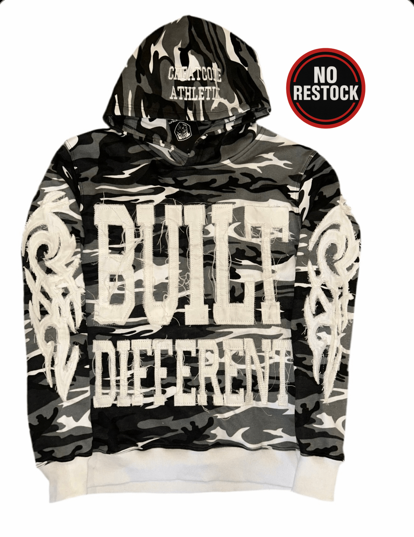 Built Different: Black Camo Edition Unisex Hoodie – 350 GSM Premium Cotton, Distressed Embroidery, Stealth Luxury Style